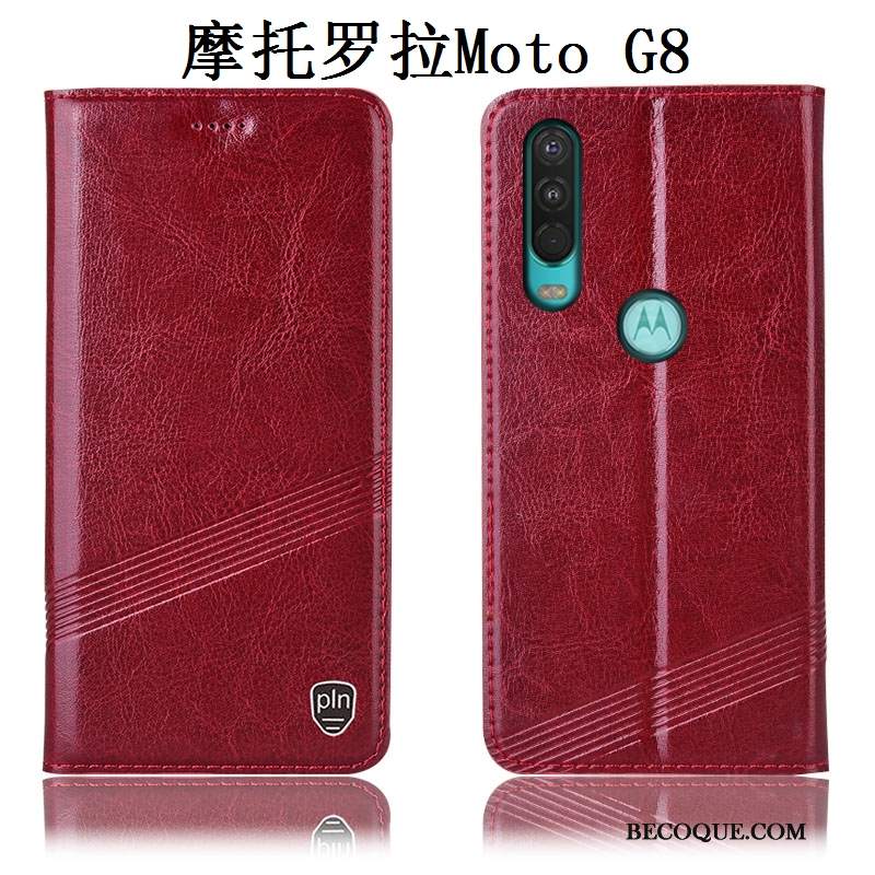 Futerał Moto G8 Skóra Czerwonyna Telefon, Etui Moto G8 Ochraniacz Anti-fall