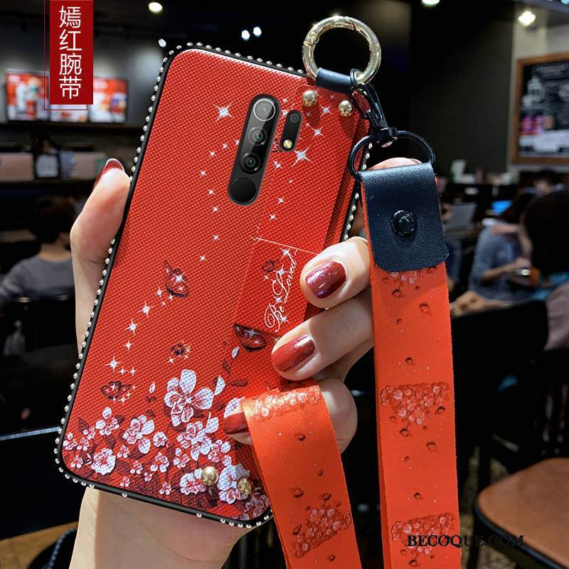 Futerał Redmi 9 Miękki Anti-fall Czerwony, Etui Redmi 9 Silikonowe Wiszące Ozdobyna Telefon