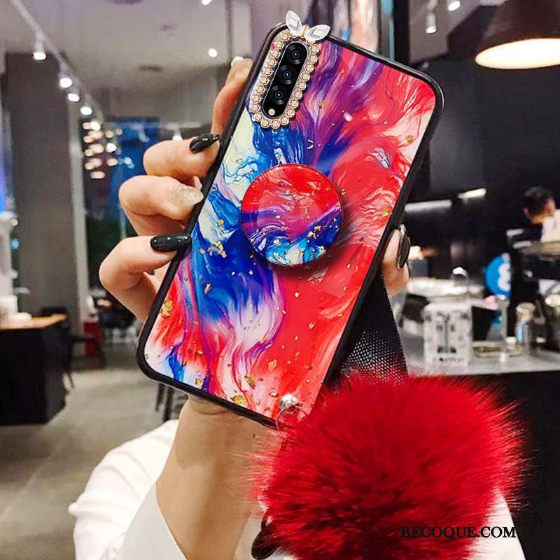 Futerał Samsung Galaxy A30s Rhinestone Anti-fall Zielony, Etui Samsung Galaxy A30s Ochraniacz Futrzany Pompon Czerwony