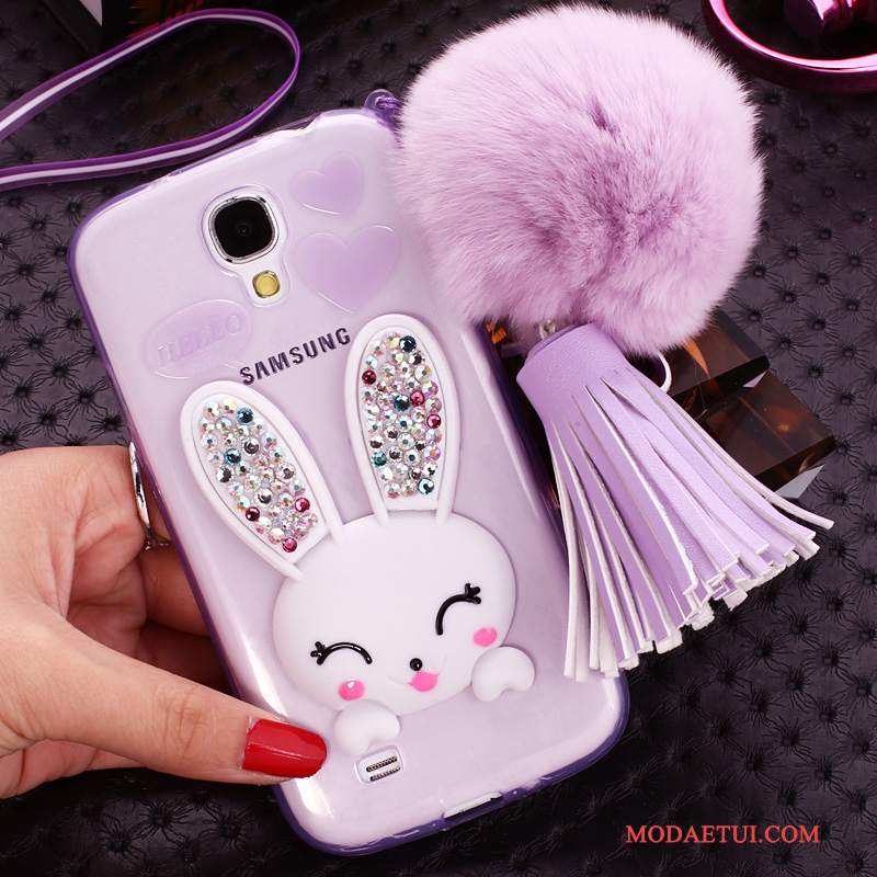 Futerał Samsung Galaxy S4 Rhinestone Wisząca Szyja Futrzany Pompon, Etui Samsung Galaxy S4 Silikonowe Na Telefon Purpurowy