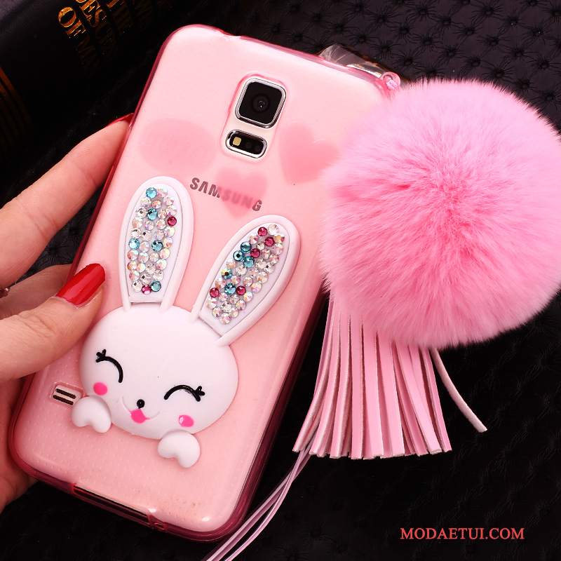 Futerał Samsung Galaxy S5 Wspornik Różowena Telefon, Etui Samsung Galaxy S5 Silikonowe Futrzany Pompon Bunny