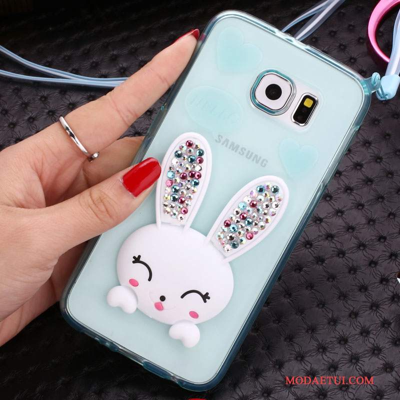 Futerał Samsung Galaxy S6 Rhinestone Zielonyna Telefon, Etui Samsung Galaxy S6 Silikonowe Futrzany Pompon Bunny