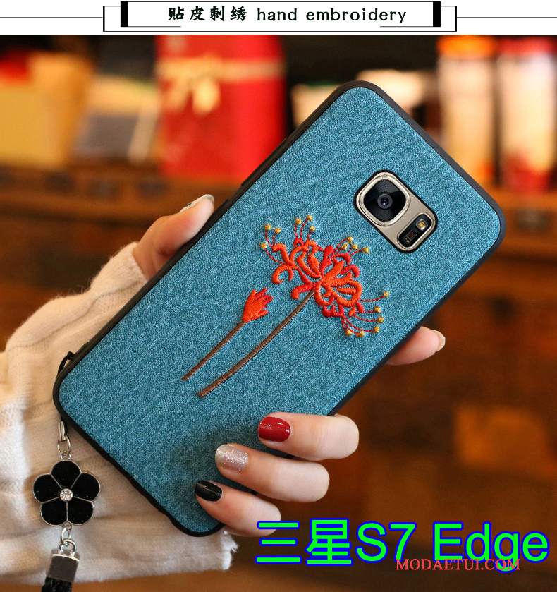 Futerał Samsung Galaxy S7 Edge Silikonowe Tendencja Z Haftem, Etui Samsung Galaxy S7 Edge Torby Niebieskina Telefon