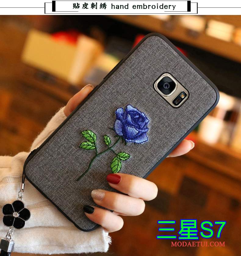 Futerał Samsung Galaxy S7 Silikonowe Z Haftemna Telefon, Etui Samsung Galaxy S7 Miękki Niebieski Tendencja