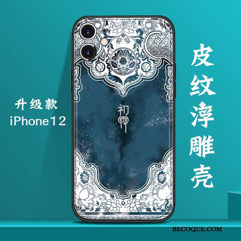 Futerał iPhone 12 Kreatywne Chiński Styl Anti-fall, Etui iPhone 12 Skóra Nowy Niebieski