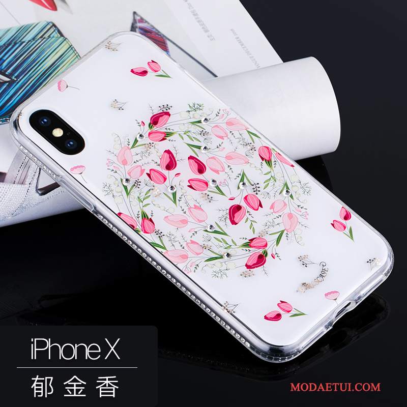 Futerał iPhone X Luksusowy Anti-fallna Telefon, Etui iPhone X Rhinestone Różowe Wiszące Ozdoby