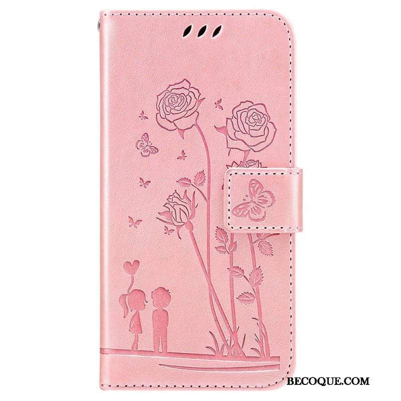 Skórzany Futerał do Samsung Galaxy A13 z Łańcuch Romantyczne Róże Z Paskiem