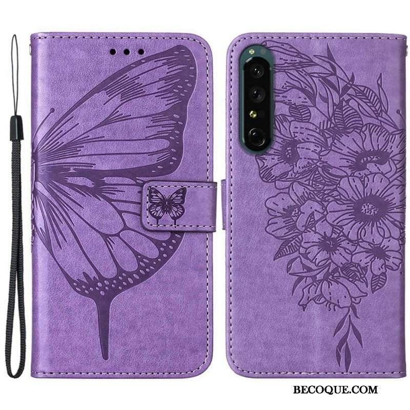 Skórzany Futerał do Sony Xperia 1 IV Motyl Ze Smyczą