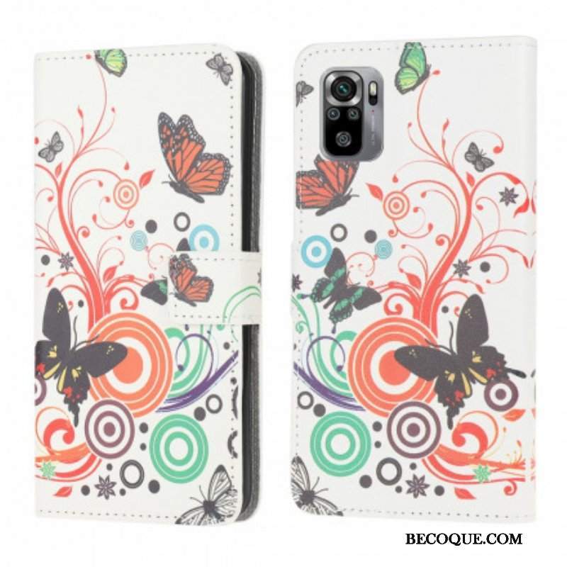 Skórzany Futerał do Xiaomi Redmi Note 10 / 10S Motyle I Kwiaty