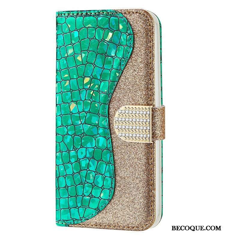 Skórzany Futerał do iPhone 13 Mini Krokodyle Diamenty