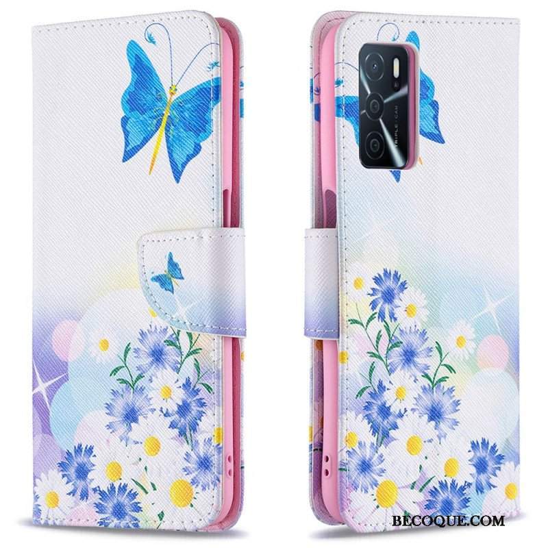 Etui Folio do Oppo A16 / A16s Malowane Motyle I Kwiaty