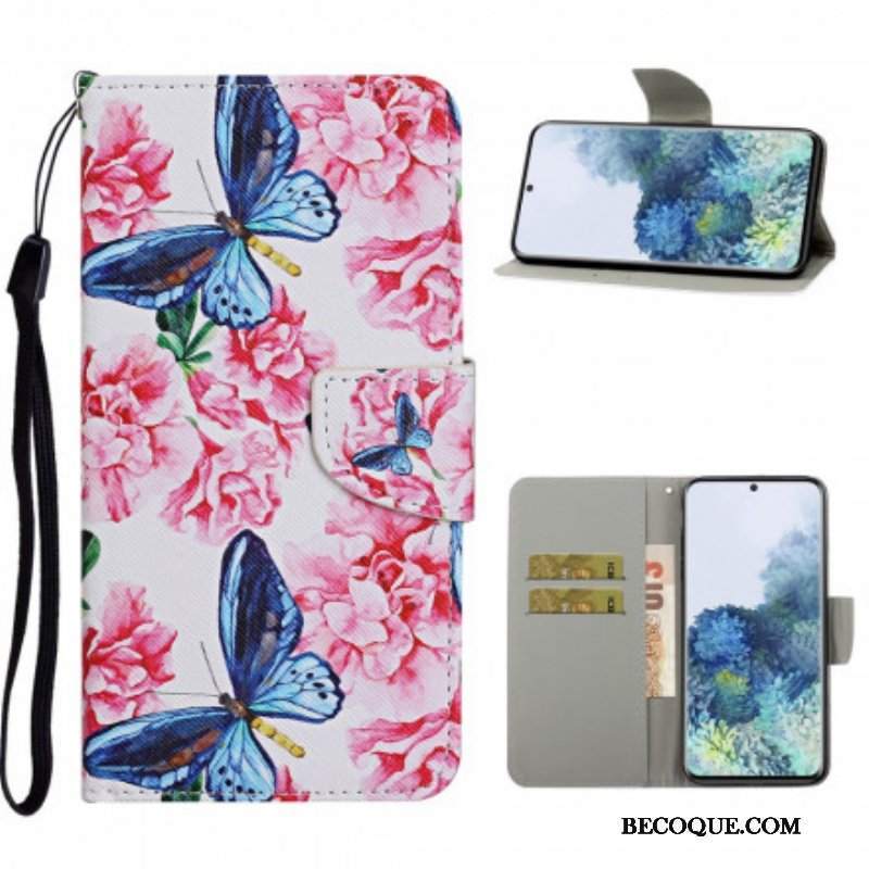 Etui Folio do Samsung Galaxy S21 Ultra 5G Smycz W Kwiaty Motyle