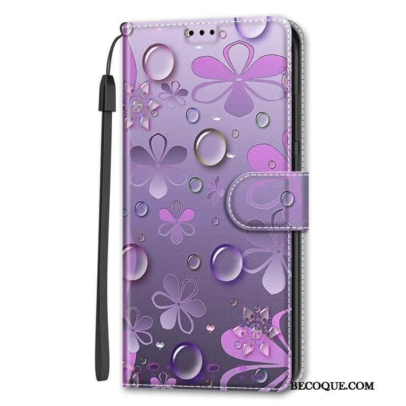 Etui Folio do Samsung Galaxy S22 Ultra 5G Krople Wody Ze Smyczą