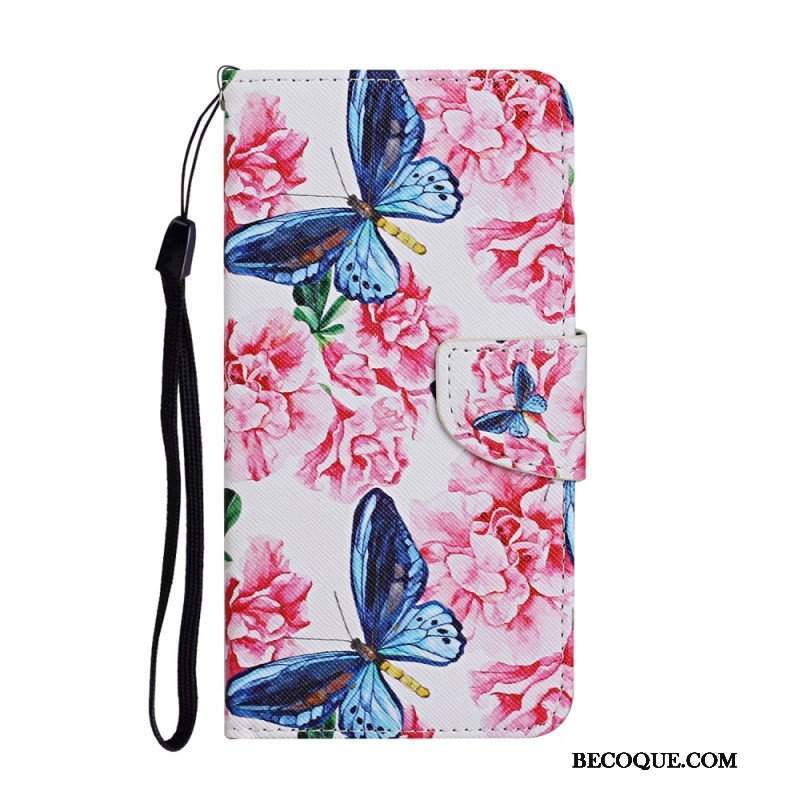 Etui Folio do Samsung Galaxy S22 Ultra 5G Smycz W Kwiaty Motyle