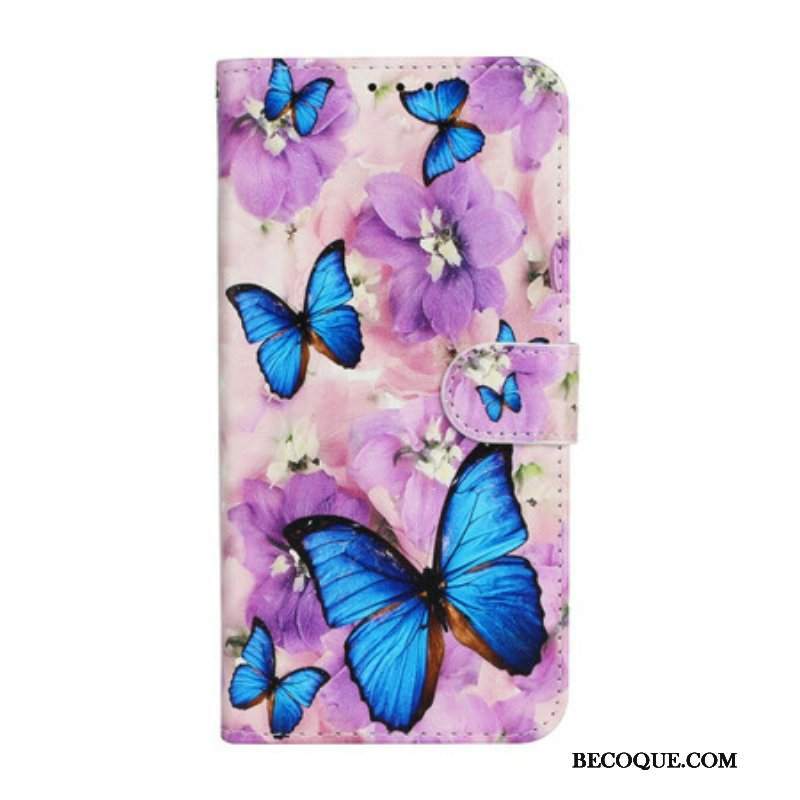 Etui Folio do iPhone 13 Mini Niebieskie Motyle W Kwiatach