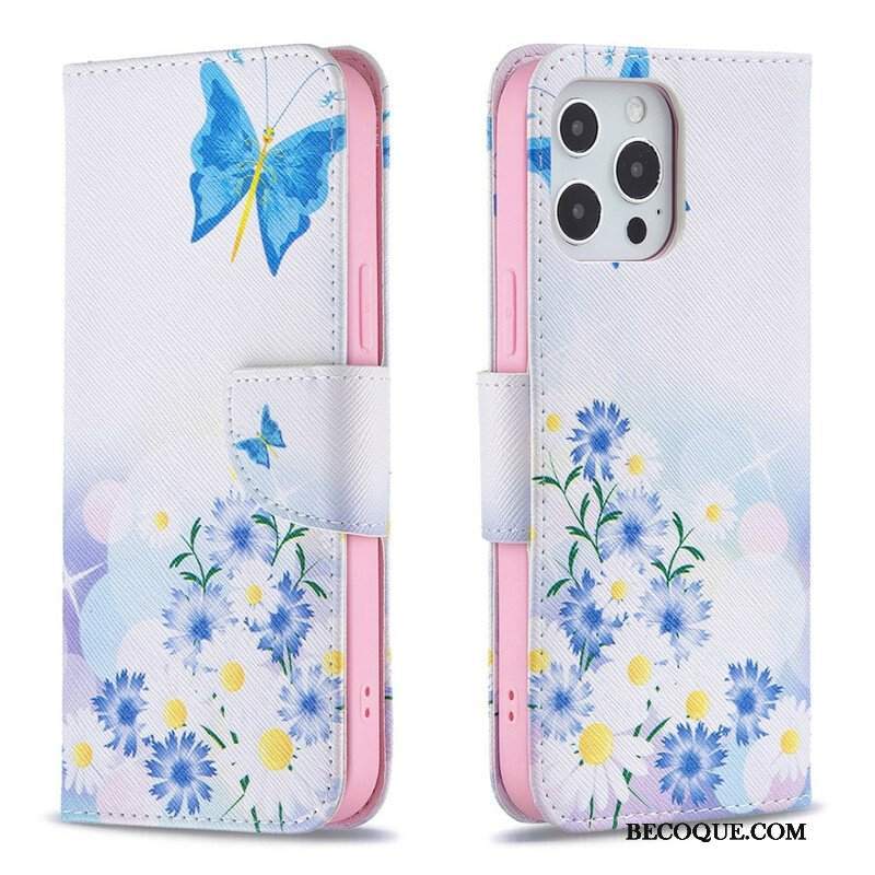 Etui Folio do iPhone 13 Pro Max Malowane Motyle I Kwiaty