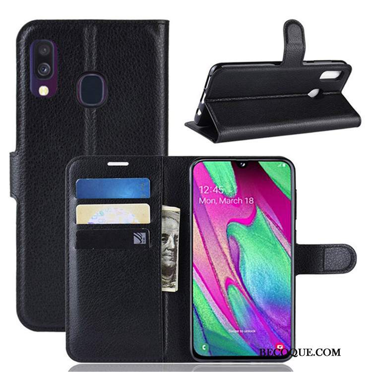 Futerał Samsung Galaxy A40 Skóra Czarnyna Telefon, Etui Samsung Galaxy A40 Portfel