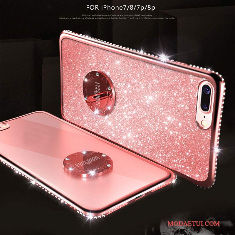 Futerał iPhone 8 Plus Rhinestone Na Telefon Ring, Etui iPhone 8 Plus Silikonowe Różowe Anti-fall