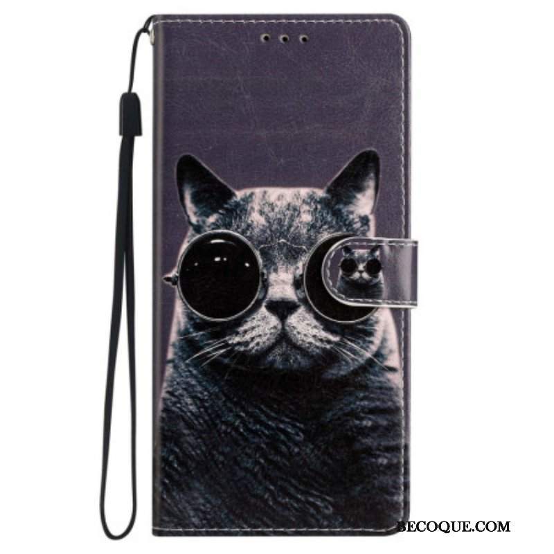 Skórzany Futerał do iPhone 15 Plus z Łańcuch Kot Z Okularami Z Paskiem